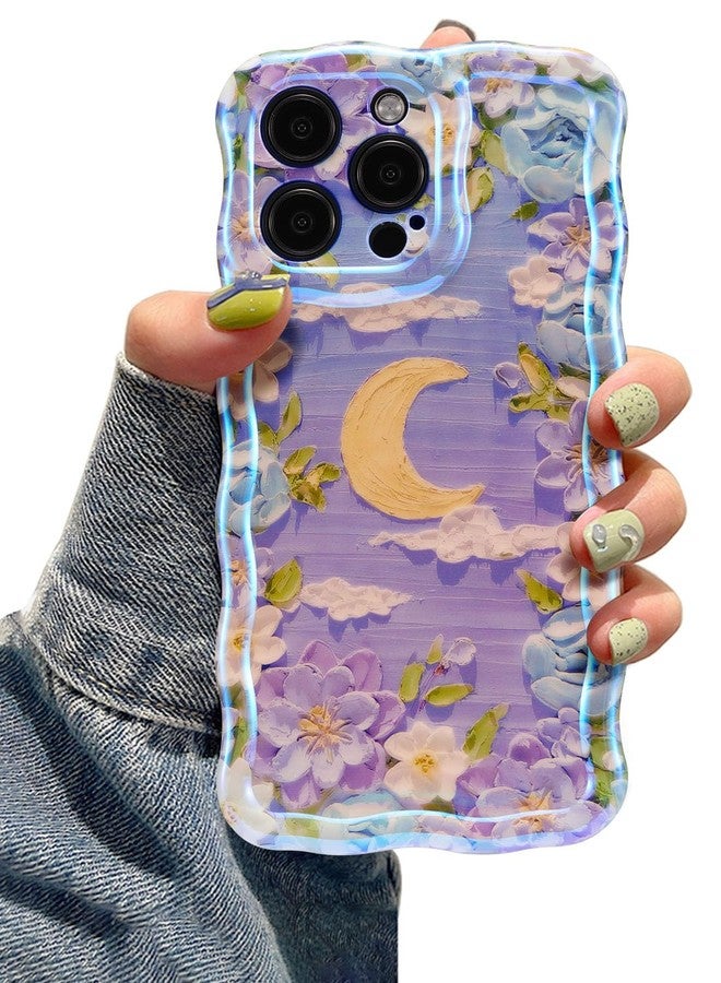 EYZUTAK جراب EYZUTAK لهاتف iPhone 15 Pro Max، جراب حماية متين ورائع من مادة TPU بتصميم زهور وقمر ورسم زيتي عتيق ملون، مناسب للفتيات والسيدات. - Image 1