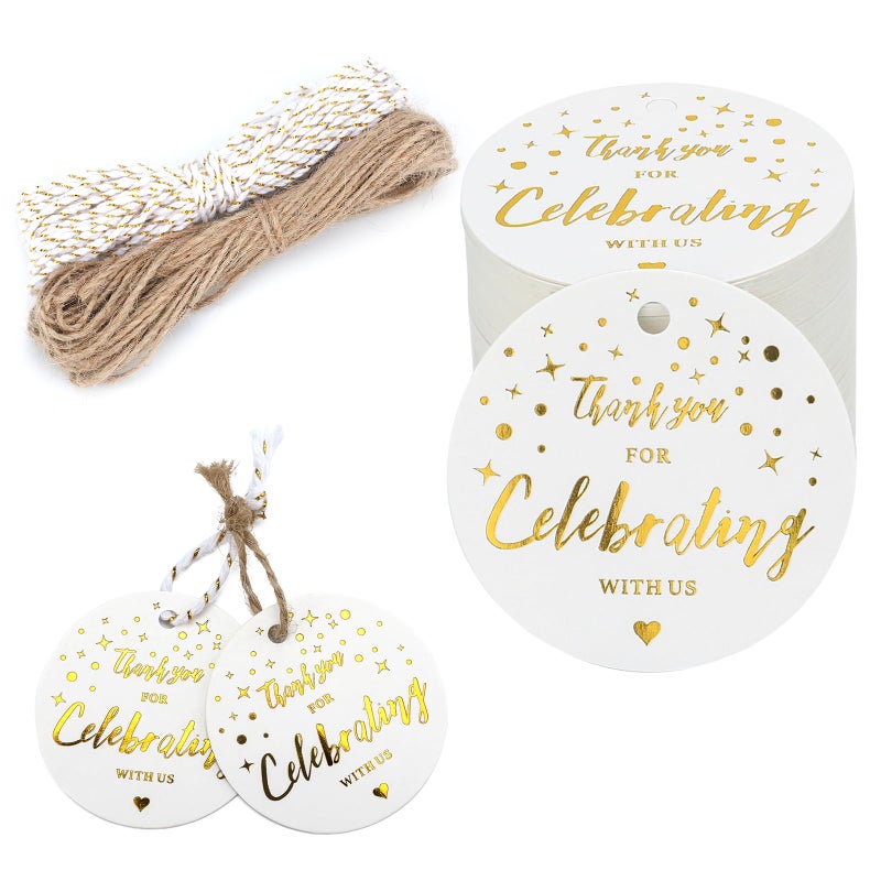 joycraft joycraft Thank You for Celebrating with Us Tags 100Pcs Thank You Gift Tags with String 2 Gold Foil White Paper Labels Personalized Celebrating Tags for Gift Wrapping Weddings Baby Shower Holiday 