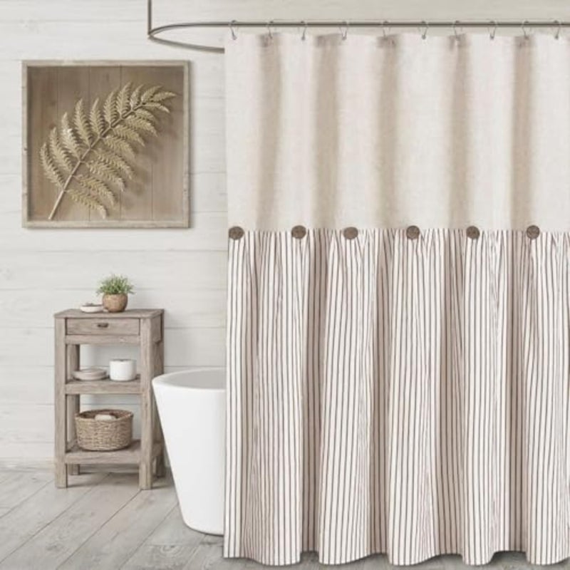baihuoFarmhouse Shower Curtain, Beige and Brown Stripe, Button Curtain, Linen and Cotton Woven Fabric, Rustic Charm Country Chic Style, 183 * 183cm - Image 1