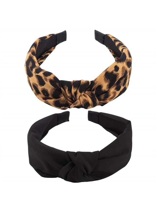 Kicosy 2PCS Headbands for Women Leopard Headband Knotted Headband for Girls Fashion Wide Headband Non Slip Hairband Elastic Hair Accessories(Black, Leopard) - Image 1