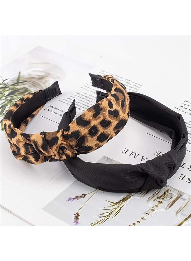Kicosy 2PCS Headbands for Women Leopard Headband Knotted Headband for Girls Fashion Wide Headband Non Slip Hairband Elastic Hair Accessories(Black, Leopard) - Image 4