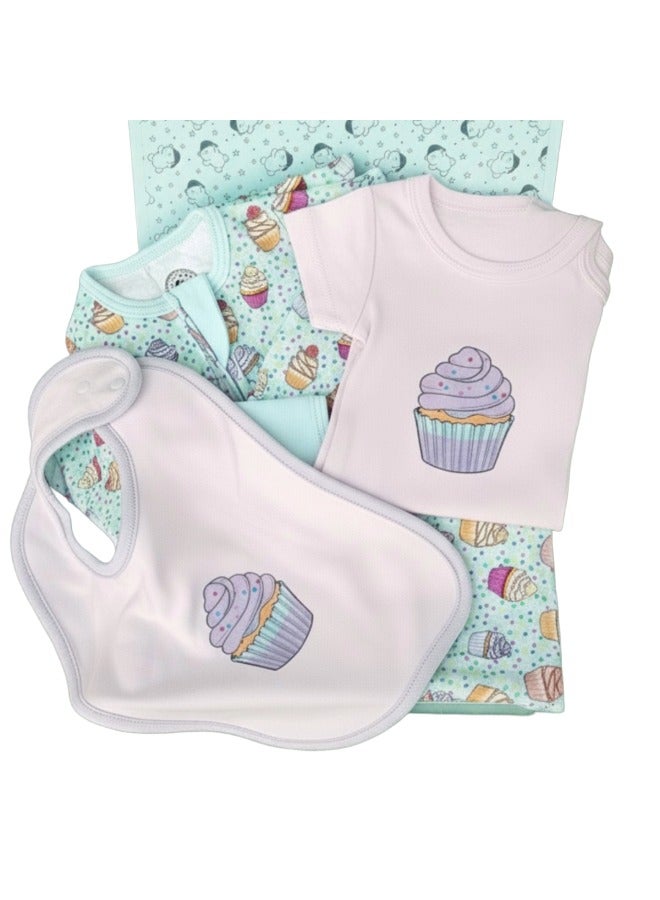 Lullaby Bloom Premium Certified Organic Cotton Newborn Baby Cupcake Peek-a-Boo Gift Set (0–3M) Essential Gift Set for Baby Girls and Boys - Unisex in cute Treasured Memories Gift Box with 4 Items