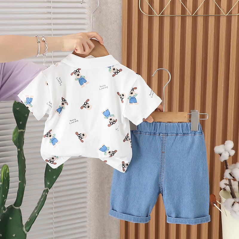 Children'S Clothing Style Boys' Full-Print Lapel Polo Shirt Short-Sleeved Suit Baby Casual Denim Shorts Two-Piece Set - Image 5