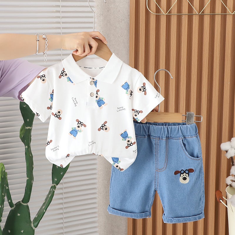 Children'S Clothing Style Boys' Full-Print Lapel Polo Shirt Short-Sleeved Suit Baby Casual Denim Shorts Two-Piece Set - Image 4