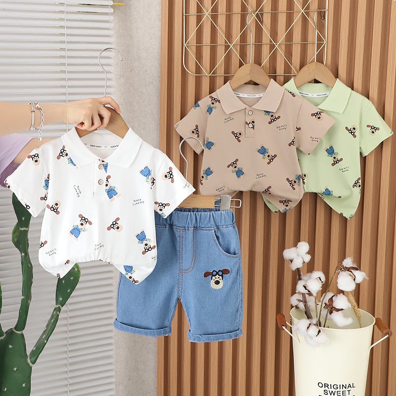 Children'S Clothing Style Boys' Full-Print Lapel Polo Shirt Short-Sleeved Suit Baby Casual Denim Shorts Two-Piece Set - Image 2