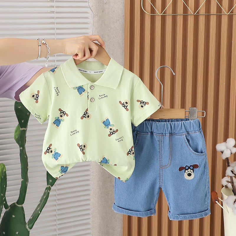 Children'S Clothing Style Boys' Full-Print Lapel Polo Shirt Short-Sleeved Suit Baby Casual Denim Shorts Two-Piece Set - Image 3