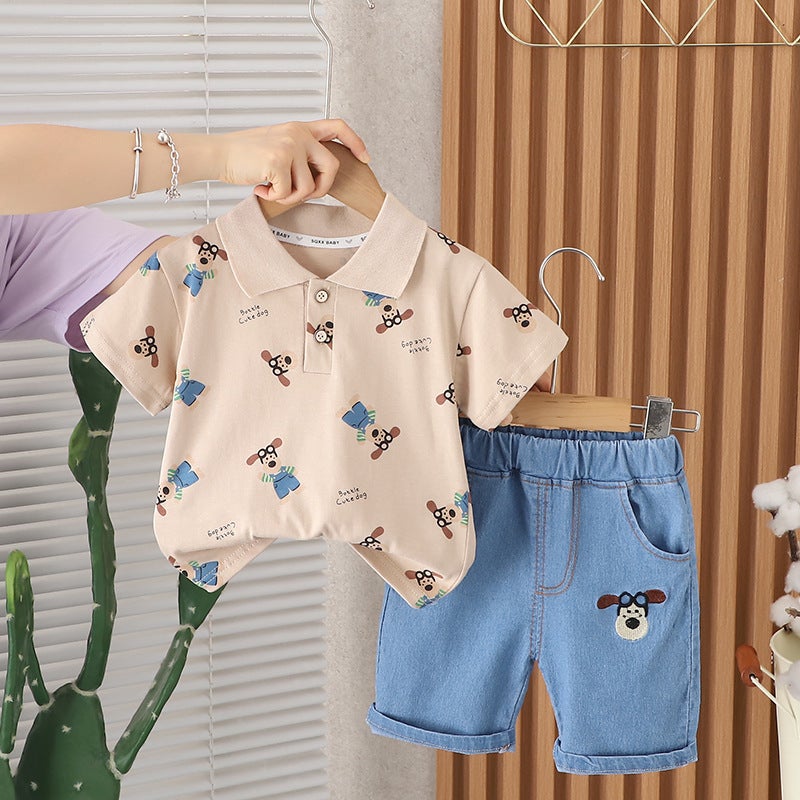 Children'S Clothing Style Boys' Full-Print Lapel Polo Shirt Short-Sleeved Suit Baby Casual Denim Shorts Two-Piece Set - Image 1
