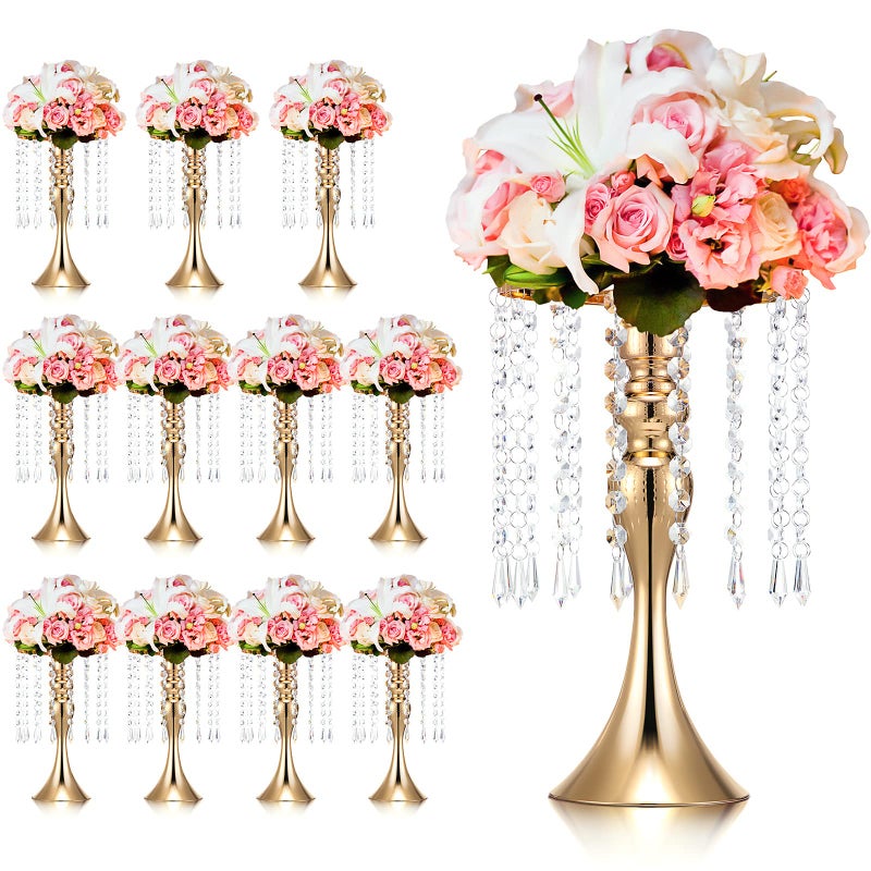 Unittype Unittype 12 Pcs Wedding Centerpieces for Tables 13 Inch Tall Crystal Flower Stand Floral Vases for Tabletop Flower Arrangement Stand Valentines Gift Baptism Party Decor Gold 