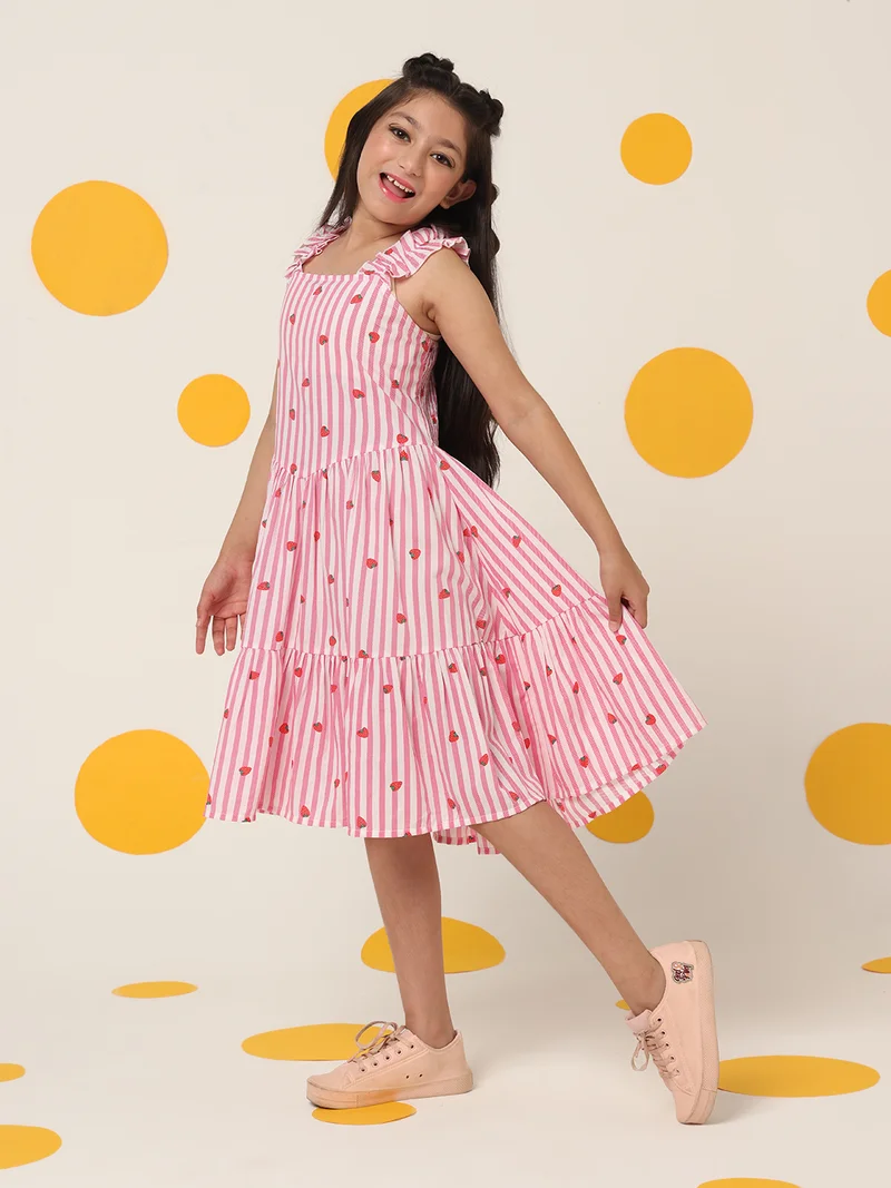Cherry & Jerry Cherry & Jerry Stripe Printed Two Tiered knee Length A-line Dress