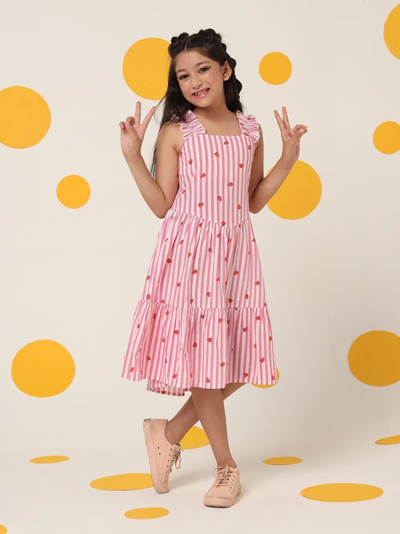 Cherry & Jerry Cherry & Jerry Stripe Printed Two Tiered knee Length A-line Dress