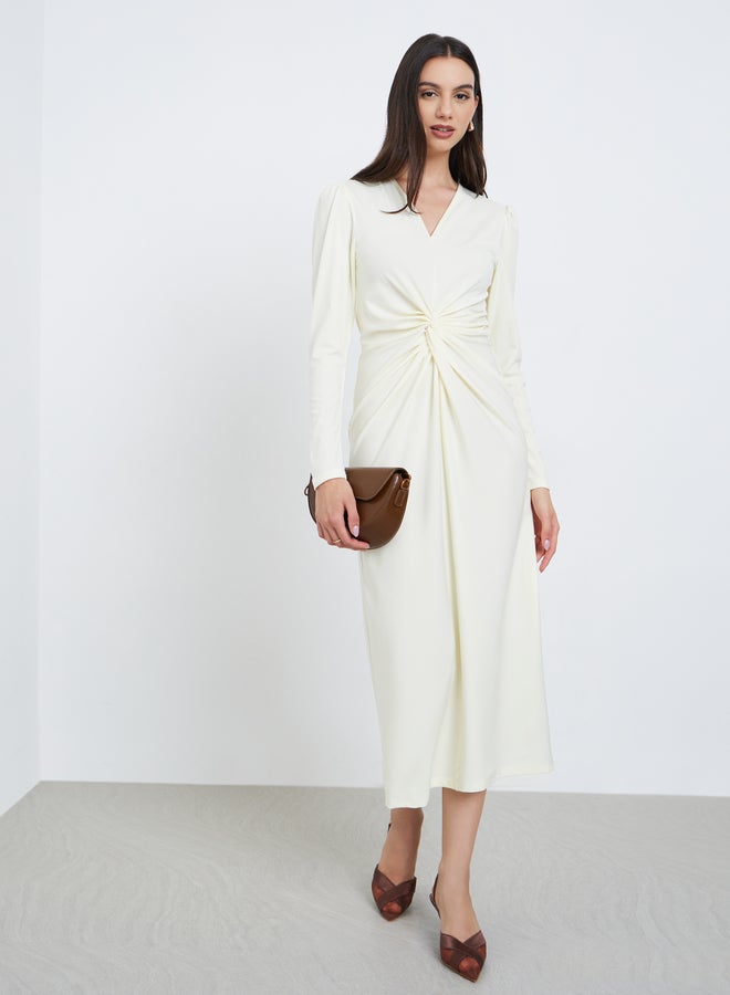 Take Two White Twist Waist V-Neck Midi Dress - Image 1