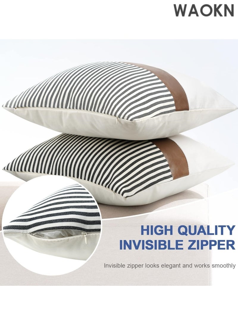 دبليو أيه أو كي أن مجموعة من غطائي وسادة من الكتان بتصميم مخطط بنمط ريفي، أغطية وسائد عصرية من الجلد الصناعي باللون البني الفاتح، مقاس 18 × 18 بوصة، أزرق داكن - Image 5