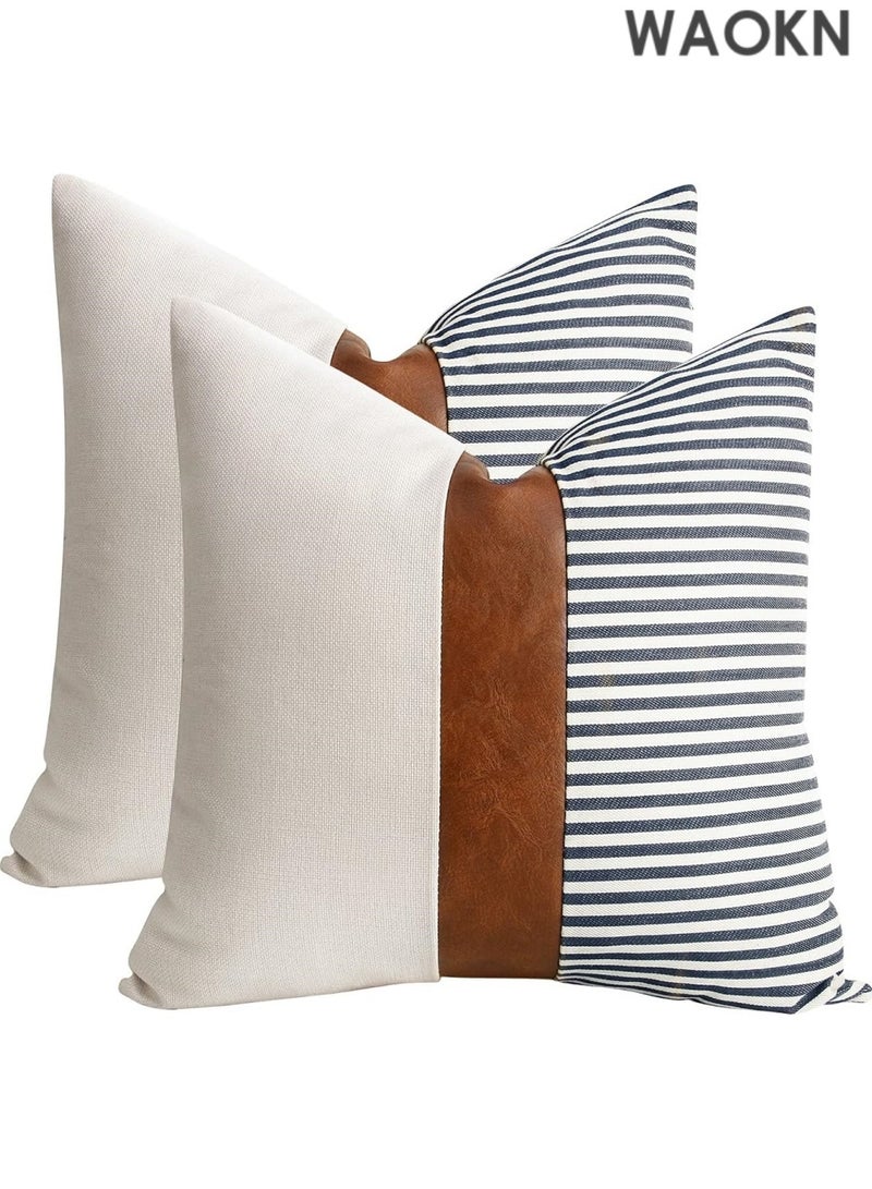 دبليو أيه أو كي أن مجموعة من غطائي وسادة من الكتان بتصميم مخطط بنمط ريفي، أغطية وسائد عصرية من الجلد الصناعي باللون البني الفاتح، مقاس 18 × 18 بوصة، أزرق داكن - Image 1