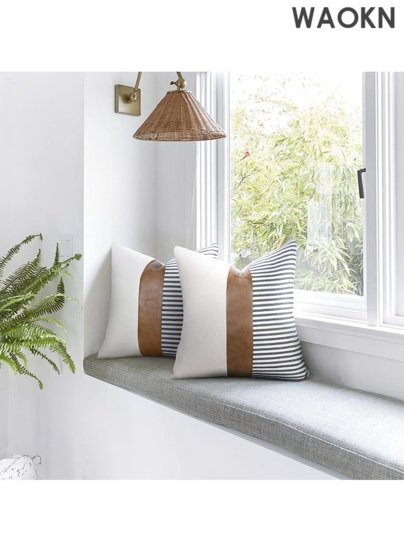 دبليو أيه أو كي أن مجموعة من غطائي وسادة من الكتان بتصميم مخطط بنمط ريفي، أغطية وسائد عصرية من الجلد الصناعي باللون البني الفاتح، مقاس 18 × 18 بوصة، أزرق داكن - Image 4