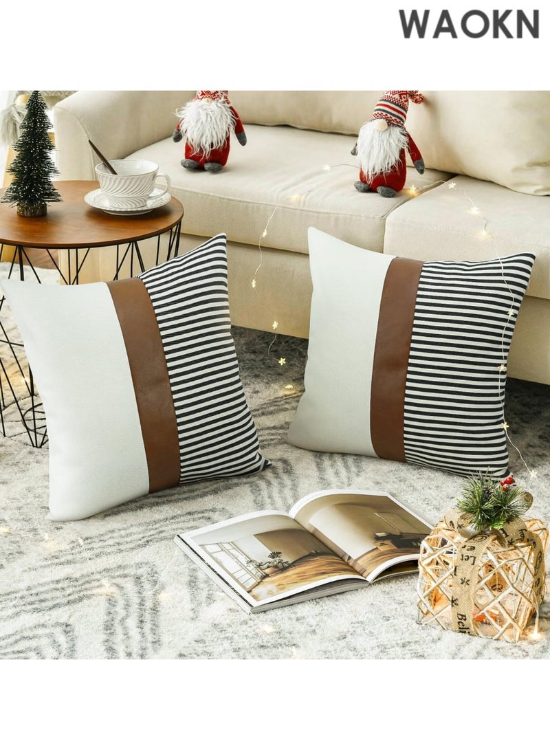 دبليو أيه أو كي أن مجموعة من غطائي وسادة من الكتان بتصميم مخطط بنمط ريفي، أغطية وسائد عصرية من الجلد الصناعي باللون البني الفاتح، مقاس 18 × 18 بوصة، أزرق داكن - Image 2