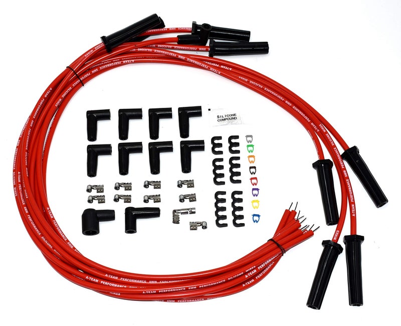A-Team Performance - Silicone High Performance Spark Plug Wire Set Universal Fit V8 V6 Plus Coil Wire - Compatible with Buick Cadillac Chevy GMC Ford Mopar Oldsmobile Pontiac 8.0mm (Red) - Image 1