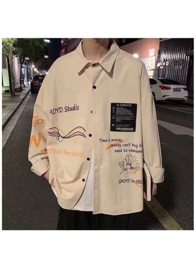 Fashion Cardigan Jacket Men's Shirt Casual Stylish Harajuku Style Letter Print Design Long-sleeve Turn-down Collar Shirt