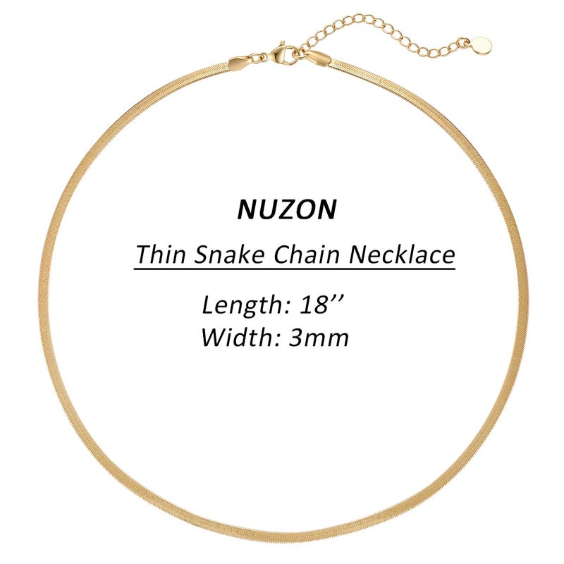 NUZON 18K Gold Plated Snake Chain Necklace Thick Flat Herringbone Necklace Gold Choker Necklaces for Women Jewelry 3MM 18" Adjustable - Image 5