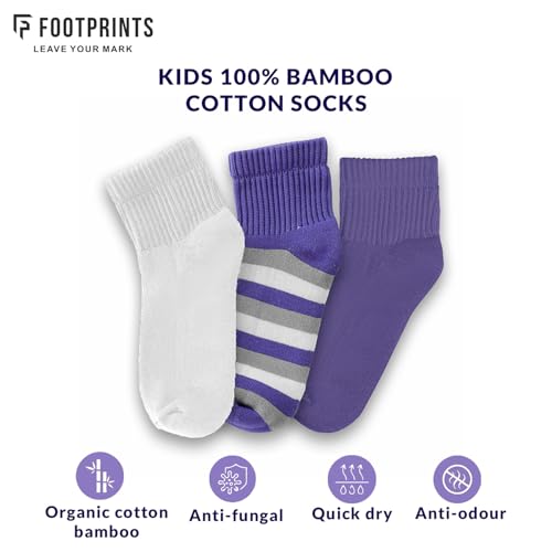 FOOTPRINTS Bamboo Terry Kids Socks | Anti-Odor, Anti-Bacterial | Full-Length | Breathable & Cushioned | White & Purple | Pack of 3 - Image 5