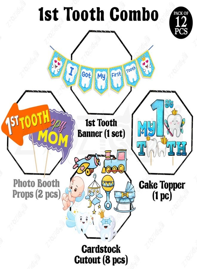 Zyozique® First Tooth Decorations Combo | Tooth Decoration Items for Baby | 1st Tooth Paper Banner, Photo Booth Props, Cake Topper & Cardstock Cutout | First Tooth Party Props (Pack Of 12) - Image 2