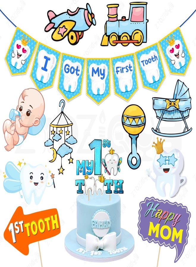 Zyozique® First Tooth Decorations Combo | Tooth Decoration Items for Baby | 1st Tooth Paper Banner, Photo Booth Props, Cake Topper & Cardstock Cutout | First Tooth Party Props (Pack Of 12) - Image 1