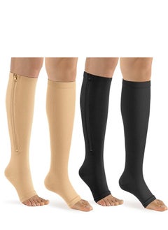 Generic Zipper Compression Socks Women & Men - 2Pairs Calf Knee High 15-20mmHg Open Toe Compression Stocking suit for Walking  - Image 1