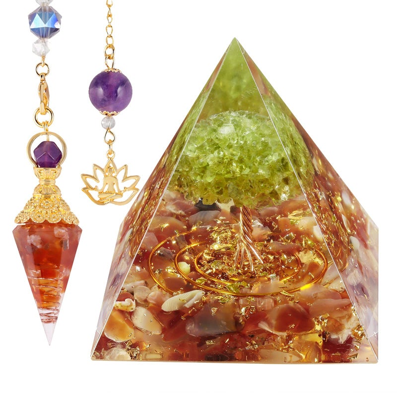SUNYIK Orgone Pyramid  Orgone Pendulum Set Tree of Life Orgonite Energy Generator  Orgone Crystal Points Pendulum for Divination Meditation Chakra Balancing Carnelian