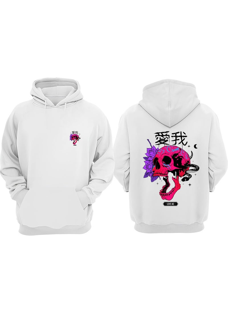 The Wert - Unisex Love Me Pink Skull Snake Design Front Back Printed Regular Fit White Sweatshirt - Image 1