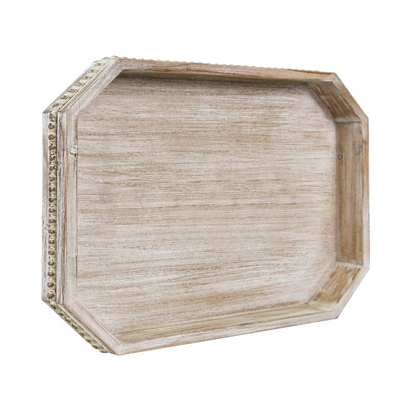 CEDARLUX Wooden Decorative Tray, Rustic Serving Tray with Wood Bead, Farmhouse Big Tray for Ottoman, Countertop, Coffee Tabl, 16.5" x 13"x 1.6" (White Washed) - Image 1