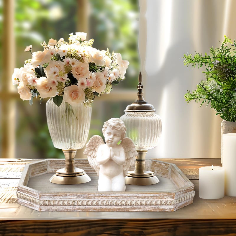 CEDARLUX Wooden Decorative Tray, Rustic Serving Tray with Wood Bead, Farmhouse Big Tray for Ottoman, Countertop, Coffee Tabl, 16.5" x 13"x 1.6" (White Washed) - Image 5
