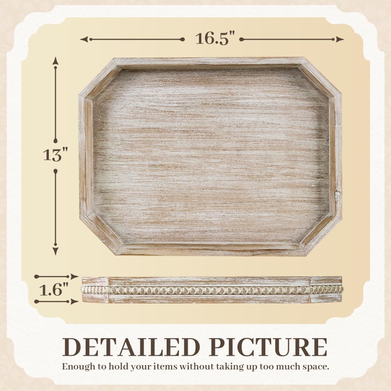 CEDARLUX Wooden Decorative Tray, Rustic Serving Tray with Wood Bead, Farmhouse Big Tray for Ottoman, Countertop, Coffee Tabl, 16.5" x 13"x 1.6" (White Washed) - Image 2