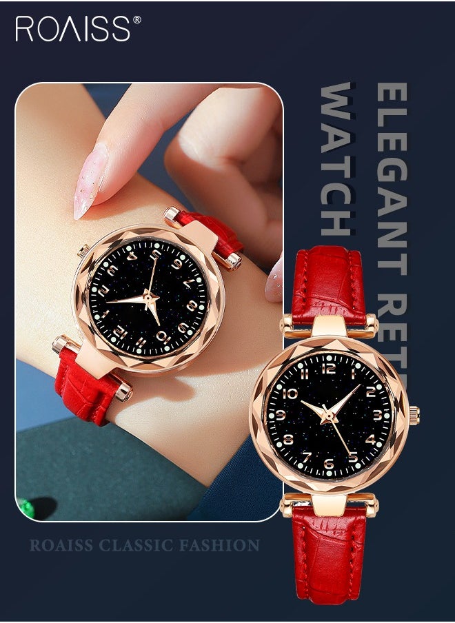 roaiss - Women's Leather Strap Quartz Watch, Analog Display Round Black Dial Watch with Starry Sky Pattern, Waterproof Watch as Gift for Women, Red - Image 1