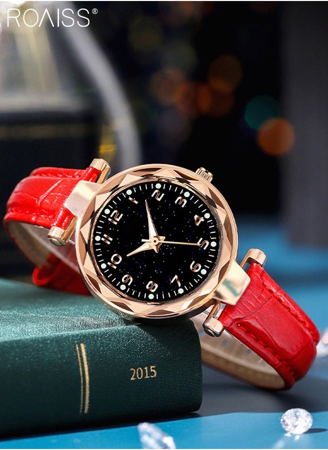 roaiss - Women's Leather Strap Quartz Watch, Analog Display Round Black Dial Watch with Starry Sky Pattern, Waterproof Watch as Gift for Women, Red - Image 1