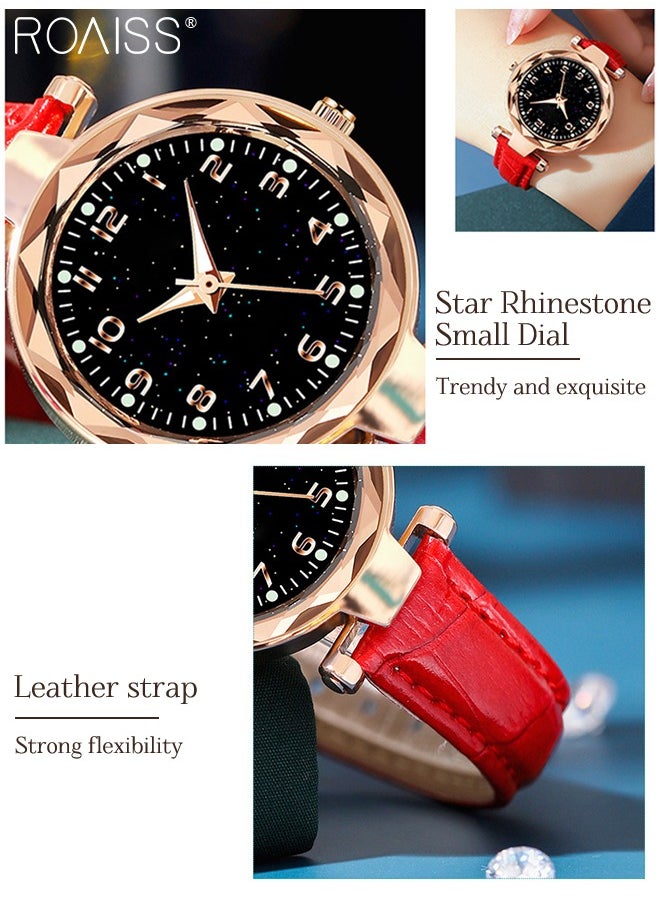 roaiss - Women's Leather Strap Quartz Watch, Analog Display Round Black Dial Watch with Starry Sky Pattern, Waterproof Watch as Gift for Women, Red - Image 1