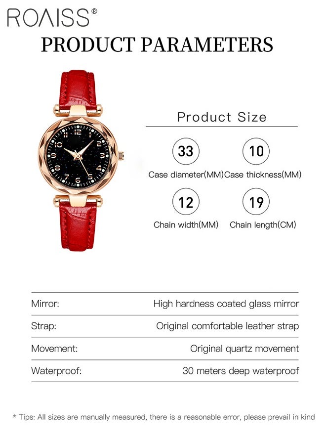 roaiss - Women's Leather Strap Quartz Watch, Analog Display Round Black Dial Watch with Starry Sky Pattern, Waterproof Watch as Gift for Women, Red - Image 1