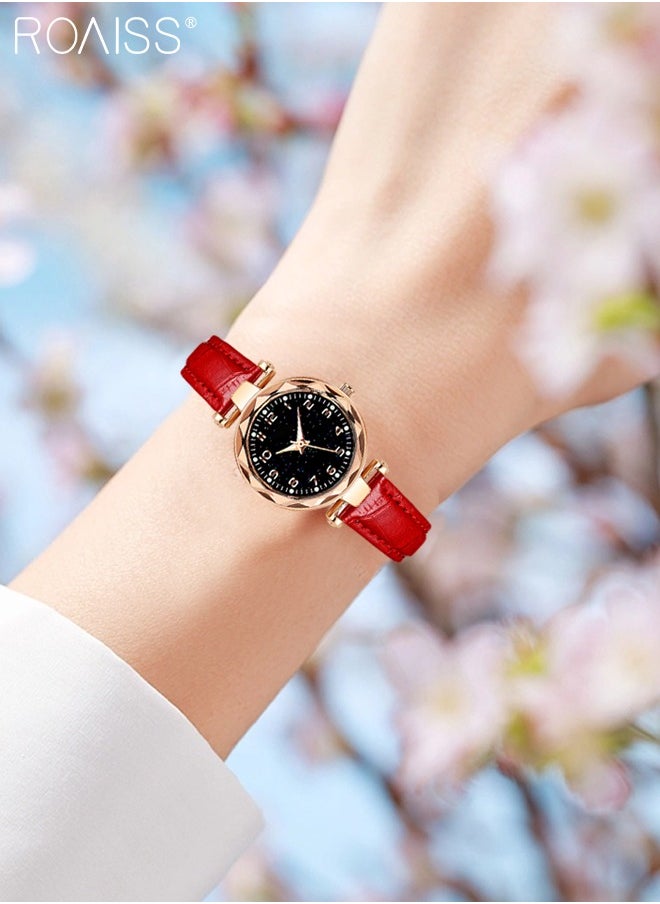 roaiss - Women's Leather Strap Quartz Watch, Analog Display Round Black Dial Watch with Starry Sky Pattern, Waterproof Watch as Gift for Women, Red - Image 1