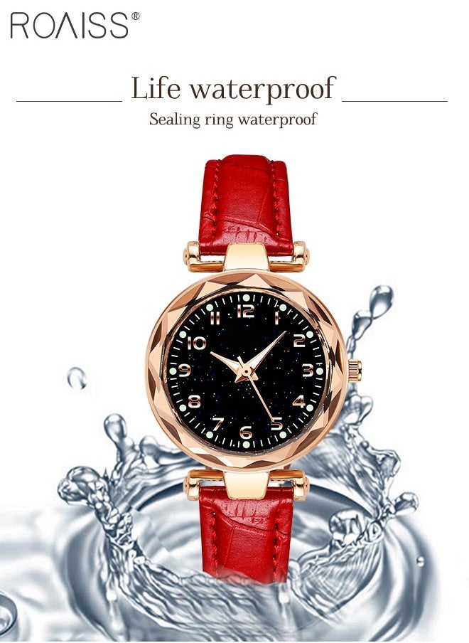 roaiss - Women's Leather Strap Quartz Watch, Analog Display Round Black Dial Watch with Starry Sky Pattern, Waterproof Watch as Gift for Women, Red - Image 1