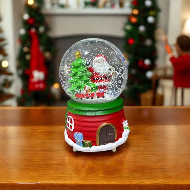 كرة ثلجية لعيد الميلاد مع سانتا وشجرة، كرة مائية موسيقية للعطلات، قاعدة حمراء وخضراء