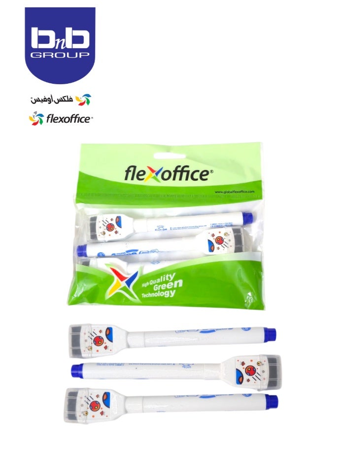 FLEXOFFICE Flex Office White Board Marker With Eraser (Pack of 3 Blue colors) - Image 1