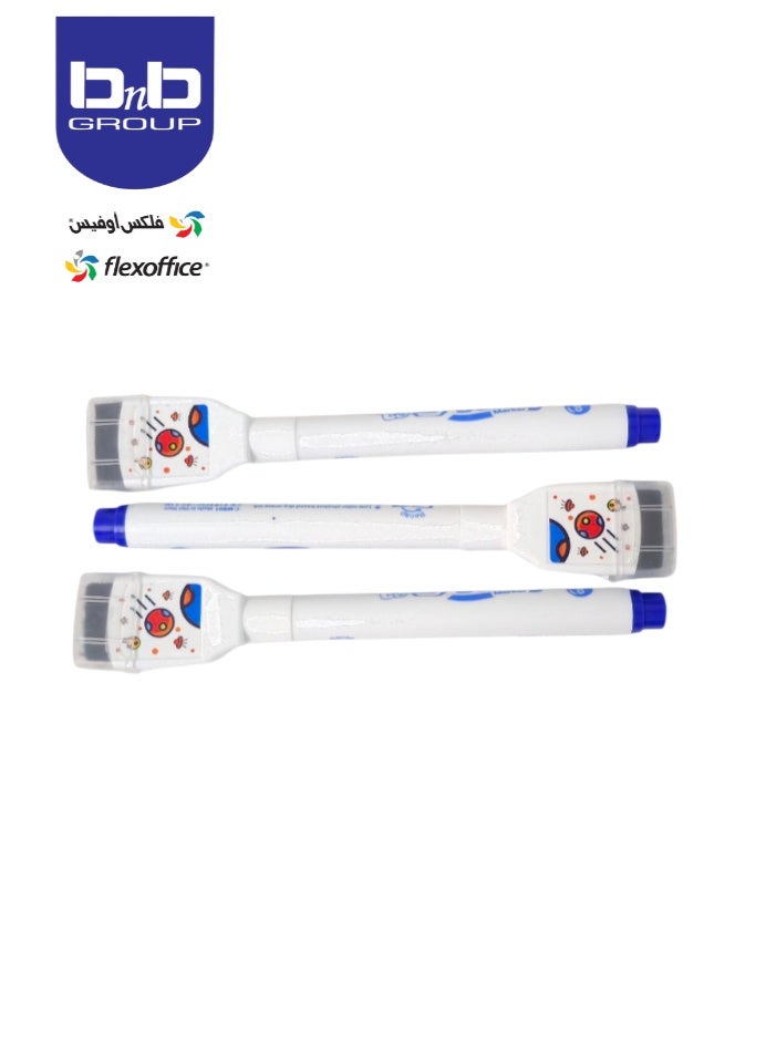 FLEXOFFICE Flex Office White Board Marker With Eraser (Pack of 3 Blue colors) - Image 2