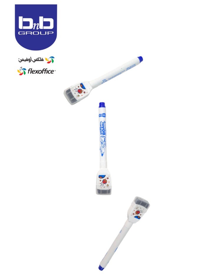 FLEXOFFICE Flex Office White Board Marker With Eraser (Pack of 3 Blue colors) - Image 3