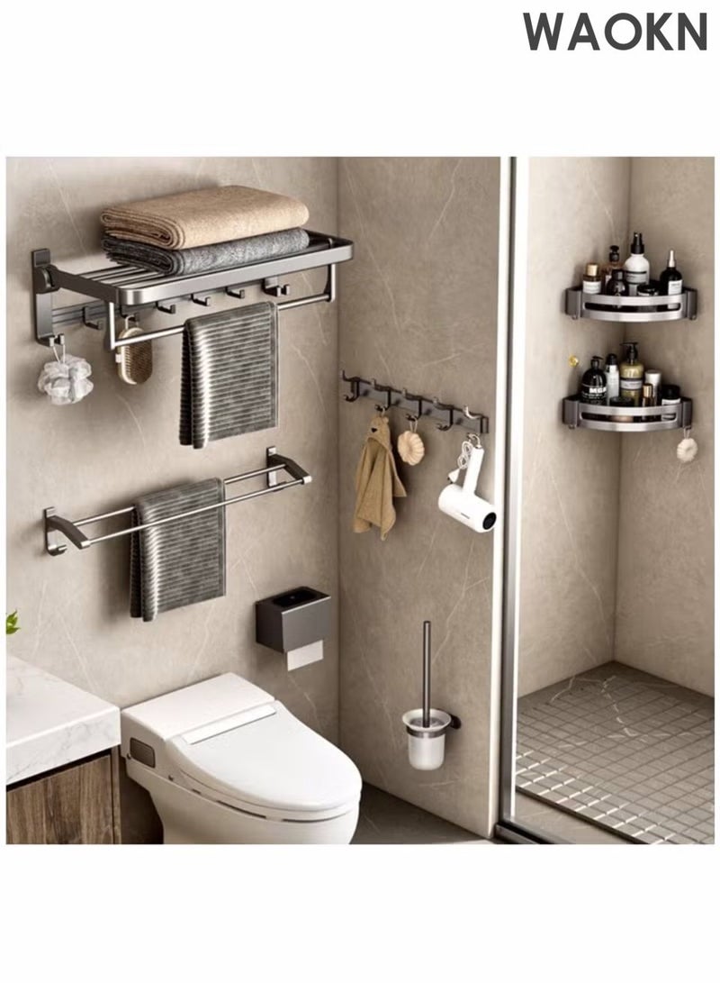 WAOKN Fashionable high-end minimalist bathroom towel rack, storage rack, bathroom pendant set, foldable towel rack with adjustable hooks, rust proof towel rack, bathroom wall mounted, gun grey elegant towel rack 60CM - Image 2