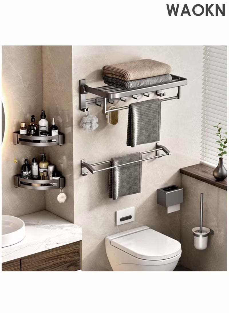 WAOKN Fashionable high-end minimalist bathroom towel rack, storage rack, bathroom pendant set, foldable towel rack with adjustable hooks, rust proof towel rack, bathroom wall mounted, gun grey elegant towel rack 60CM - Image 3