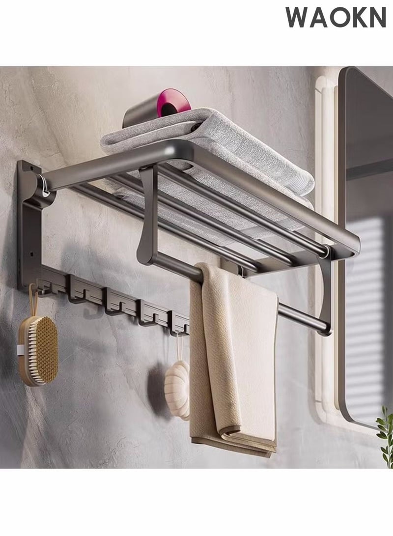 WAOKN Fashionable high-end minimalist bathroom towel rack, storage rack, bathroom pendant set, foldable towel rack with adjustable hooks, rust proof towel rack, bathroom wall mounted, gun grey elegant towel rack 60CM - Image 5