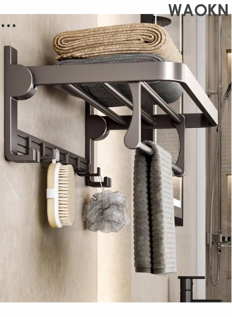 WAOKN Fashionable high-end minimalist bathroom towel rack, storage rack, bathroom pendant set, foldable towel rack with adjustable hooks, rust proof towel rack, bathroom wall mounted, gun grey elegant towel rack 60CM - Image 4