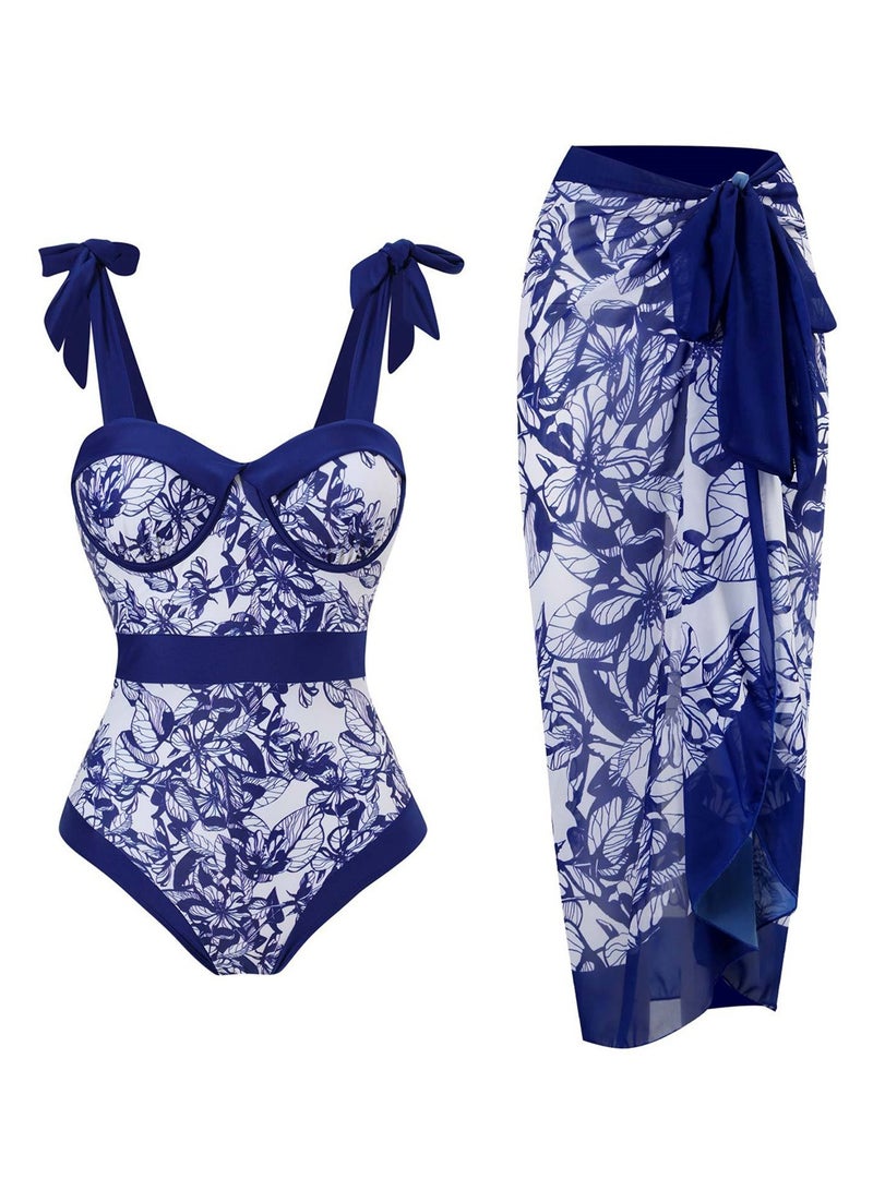 2pcs one piece swimsuit lace up swimsuit skirt swimsuit set - Image 1