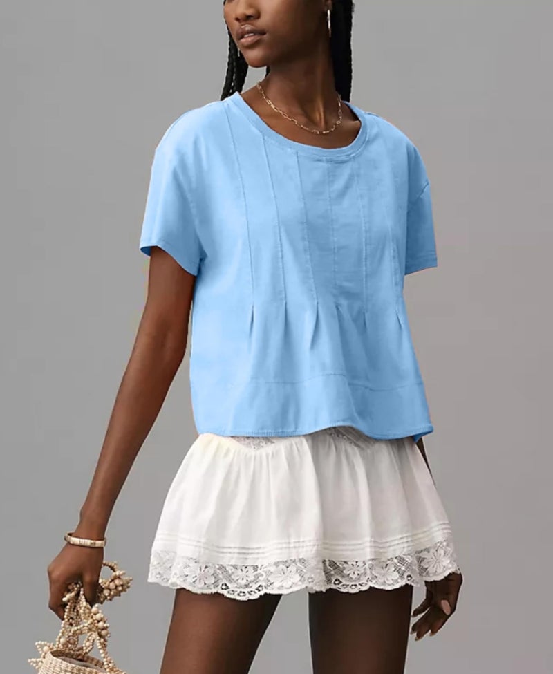 OPCAKM Cute Tops for Women Summer Pleated Swing T-Shirt Casual Babydoll Peplum Tops Lightweight Flowy Loose Fit Tee(Blue-M) - Image 4