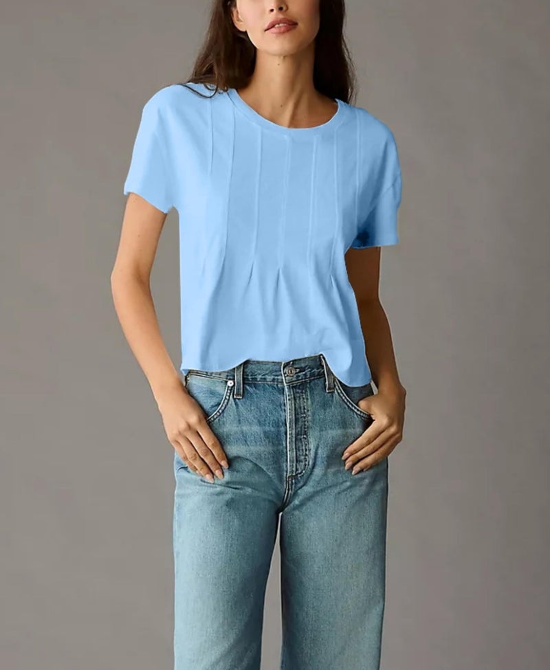 OPCAKM Cute Tops for Women Summer Pleated Swing T-Shirt Casual Babydoll Peplum Tops Lightweight Flowy Loose Fit Tee(Blue-M) - Image 3