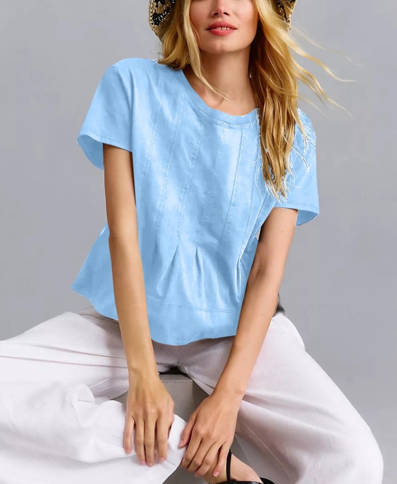 OPCAKM Cute Tops for Women Summer Pleated Swing T-Shirt Casual Babydoll Peplum Tops Lightweight Flowy Loose Fit Tee(Blue-M) - Image 2
