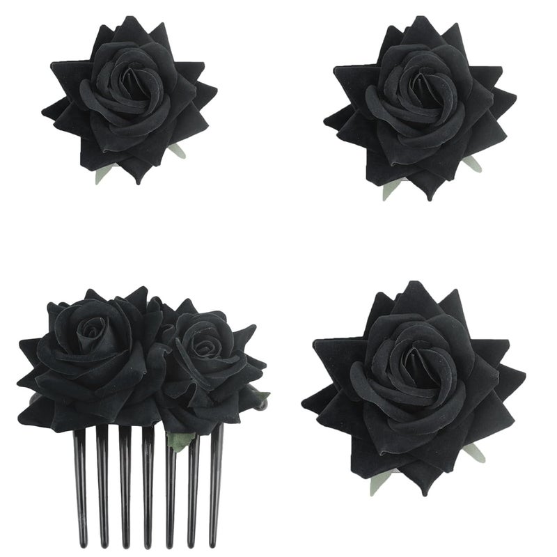 4 Pieces Women Rose Hairpin Bridal Rose Brooch Hair Clip Wedding Floral Clips for Woman Girl Party Wedding Black